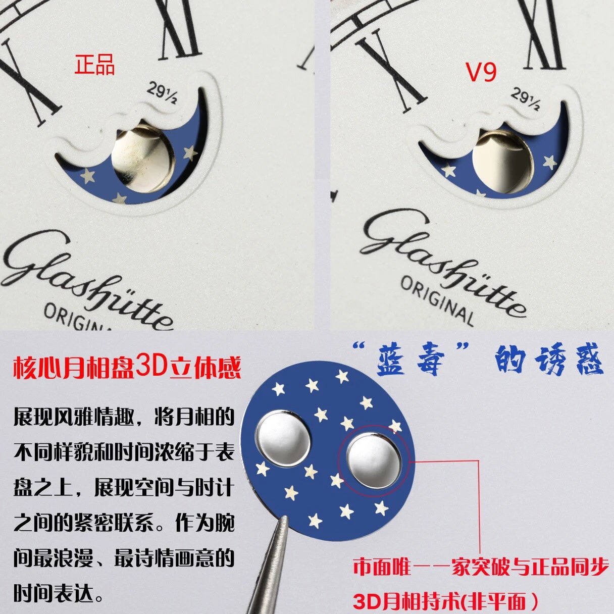 V9厂 格拉苏蒂原创议员大日历月相腕表，独家3D月相盘，双跳日历，部分配件可与原装互换，尺寸40x12.2mm
