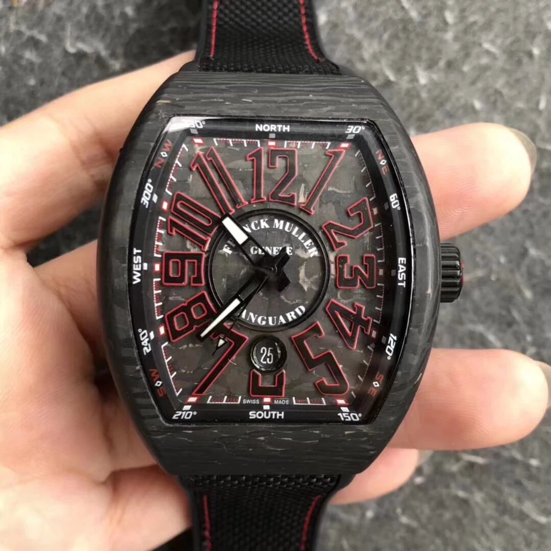 FML碳纤维夜光版黑盘红字橡胶带男自动机械手表