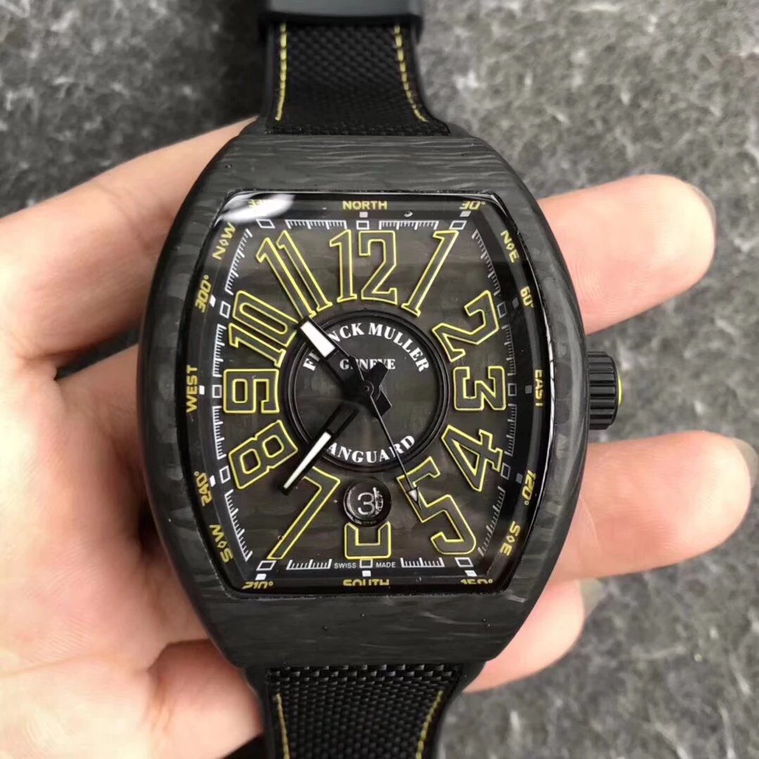 FML碳纤维夜光版黑盘黄字橡胶带男自动机械手表 