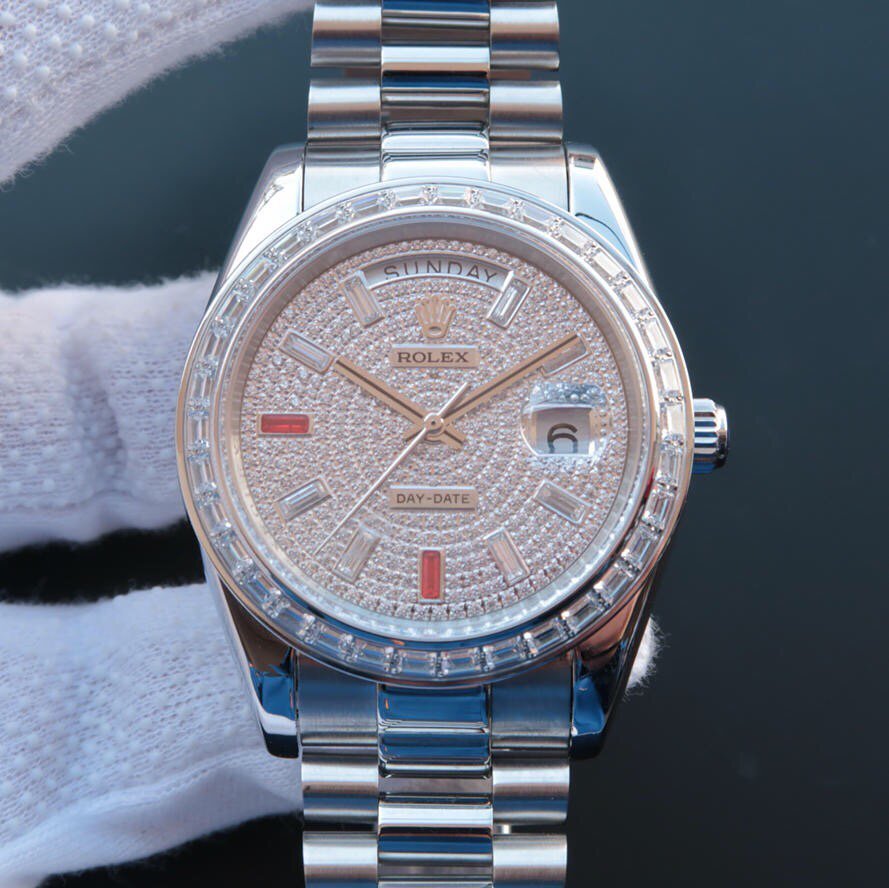 劳力士日志星期日历型218399采用克隆原版自动 仿劳力士18k镶钻星期日历手表