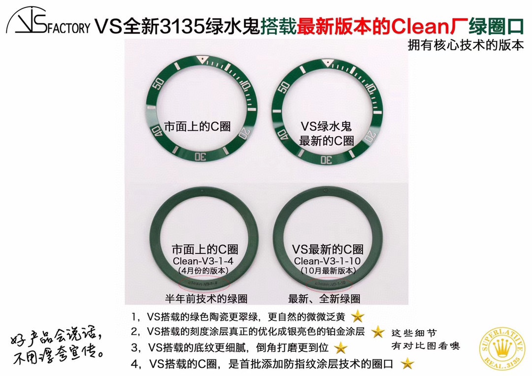 VS3135劳力士绿水鬼搭载最新版本的Clean厂绿圈口(最新的！+VS自造夜光珠，不用担心夜光珠颜色太黄！