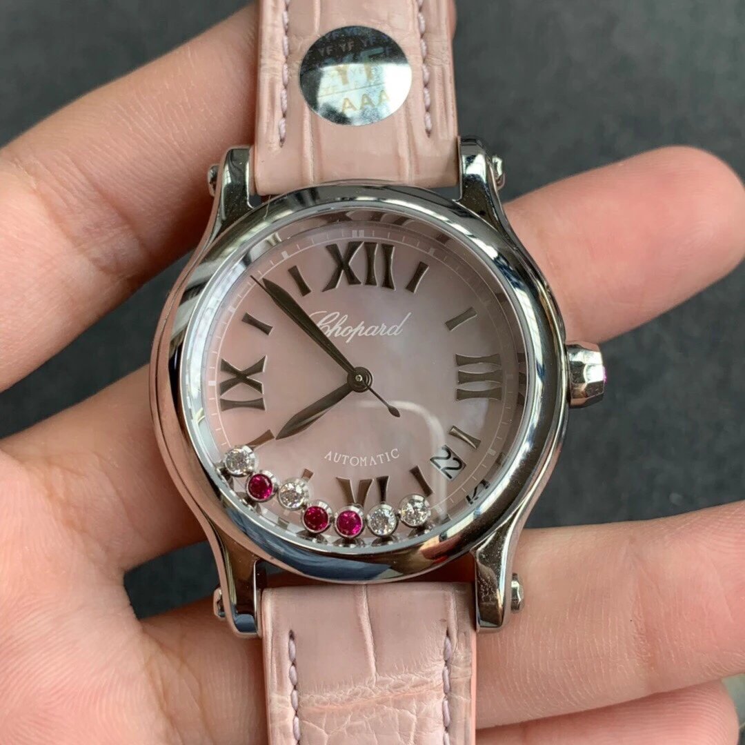 YF厂新款力作，萧邦快乐钻石系列粉贝母面红钻，特别采用红色和粉色宝石女表、手表、机械表、包邮